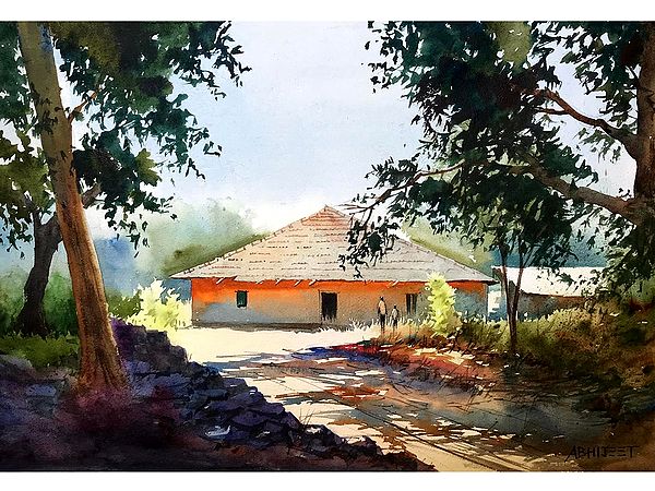 Father and Son Infront of House | Watercolor on Paper | By Abhijeet Bahadure
