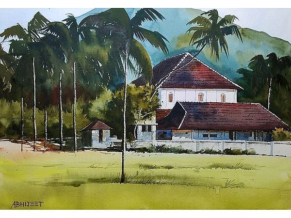 Village House Near Hills | Watercolor On Paper | By Abhijeet Bahadure