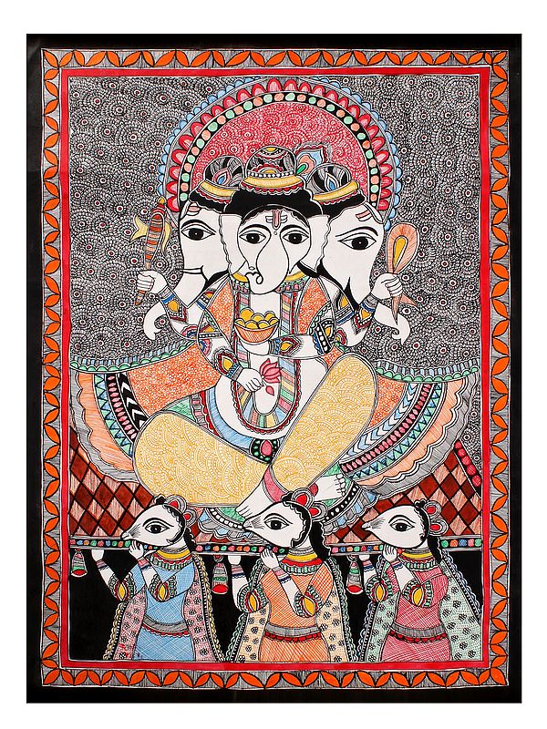 Mushak Carrying Three Headed Lord Ganapati | Madhubani Painting