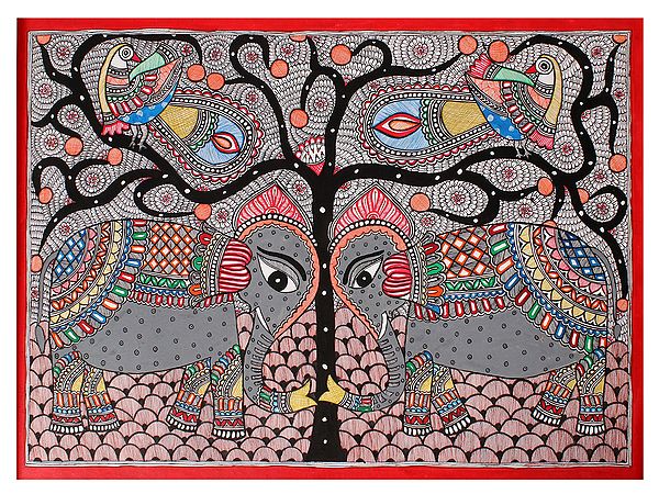 Pair of Elephant and Peacock | Madhubani Painting