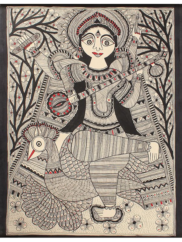 Devi Saraswati Seated on Swan | Black & White | Madhubani Painting