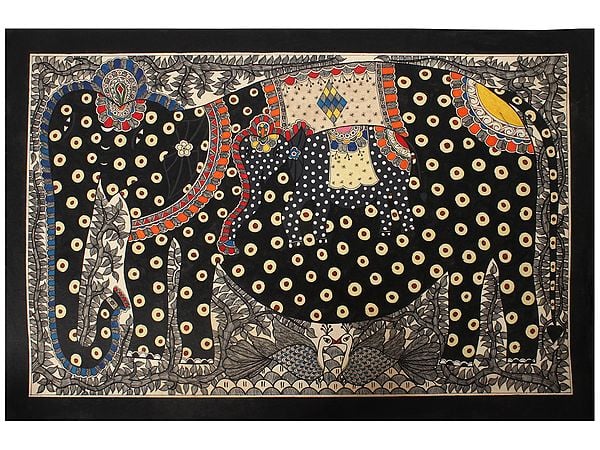 Black Elephant Madhubani Painting | Natural Colors on Handmade Paper
