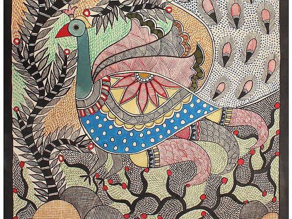 Peacock with Long Tail | Madhubani Painting | Exotic India Art