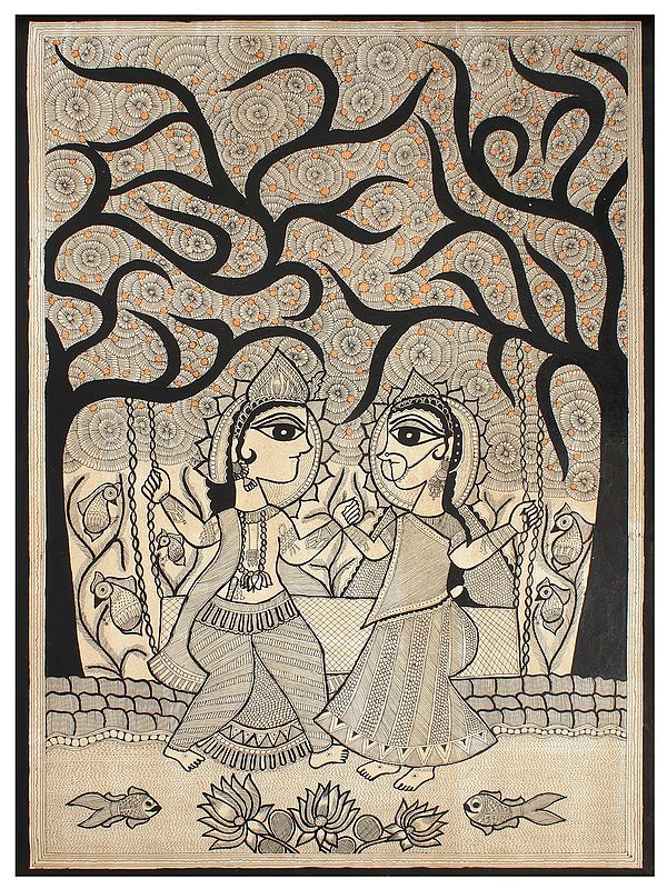 Radha Krishna on Swing | Madhubani Painting