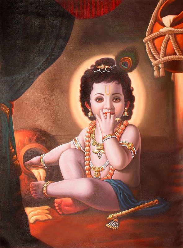 Heart Touching Oil Painting of Baby Krishna on Canvas
