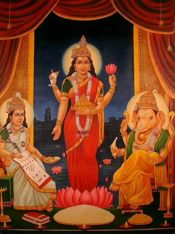 Goddess Lakshmi with Ganesha and Saraswati