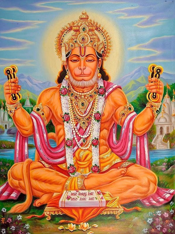 Lord Hanuman Sings Bhajans of Rama | Oil Painting on Canvas