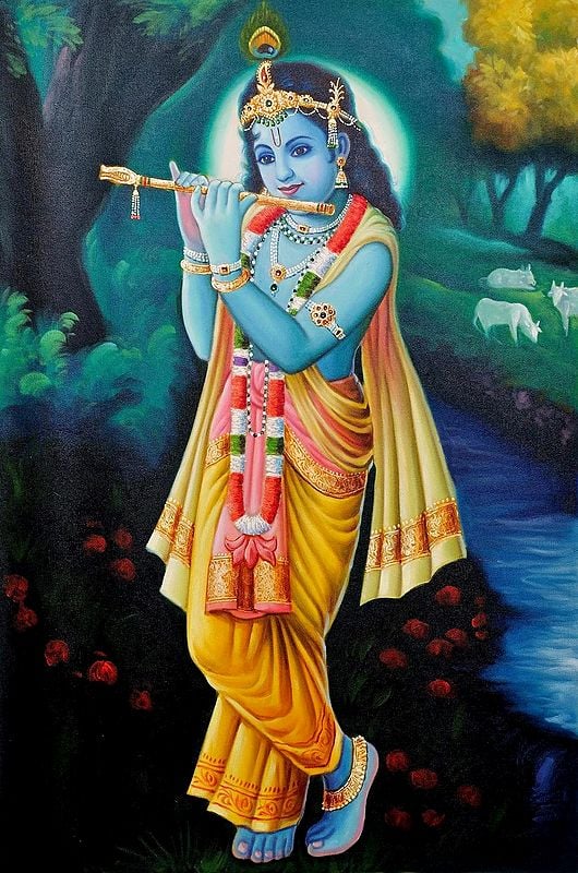 Shri Krishna Playing His Flute in the Grove of Vrindavan