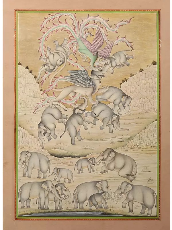 Mythical Beast with A Herd of Elephants