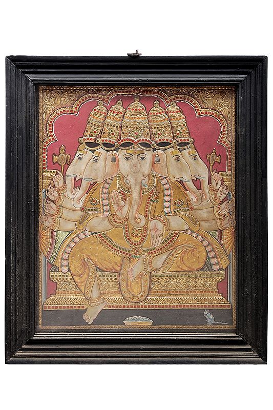 Beautiful Large Panchamukhi Ganesha Tanjore Painting | Traditional Colors With 24K Gold | Teakwood Frame | Gold & Wood | Handmade | Made In India