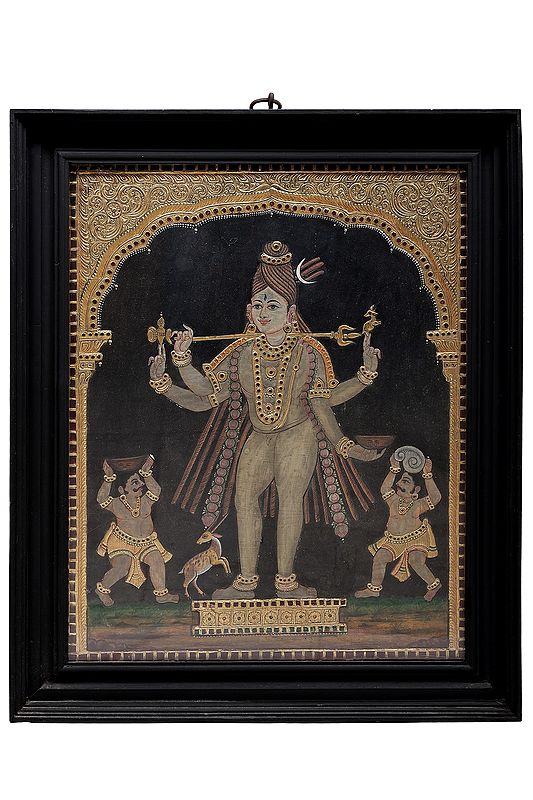 Bhikshasthana Shiva Tanjore Painting | Traditional Colors With 24K Gold | Teakwood Frame | Gold & Wood | Handmade | Made In India