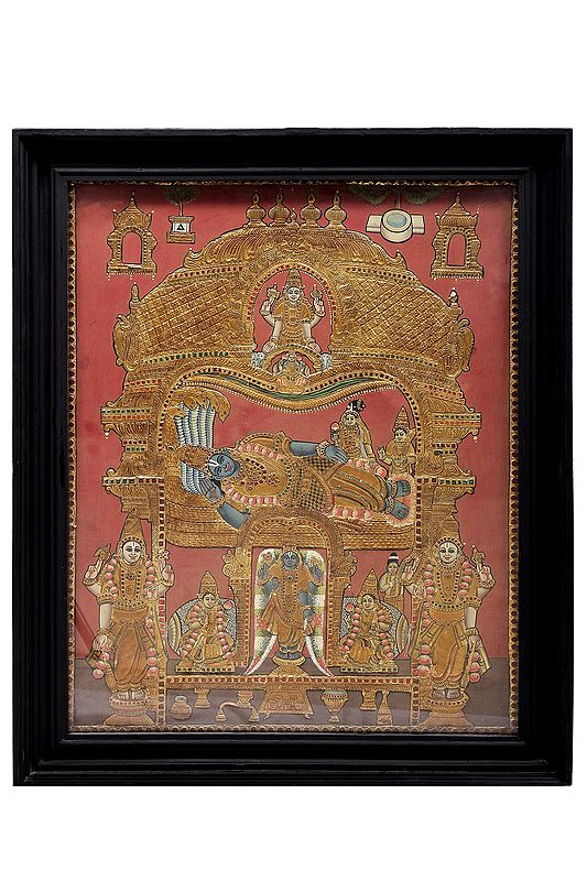 Lord Vishnu "Sri Ranganathar" Tanjore Painting | Traditional Colors With 24K Gold | Teakwood Frame | Gold & Wood | Handmade | Made In India