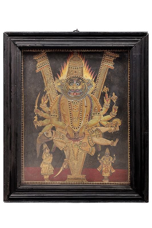 Lord Narasimha Killing Hiranyakasyapu Tanjore Painting | Traditional Colors With 24K Gold | Teakwood Frame | Gold & Wood | Handmade | Made In India