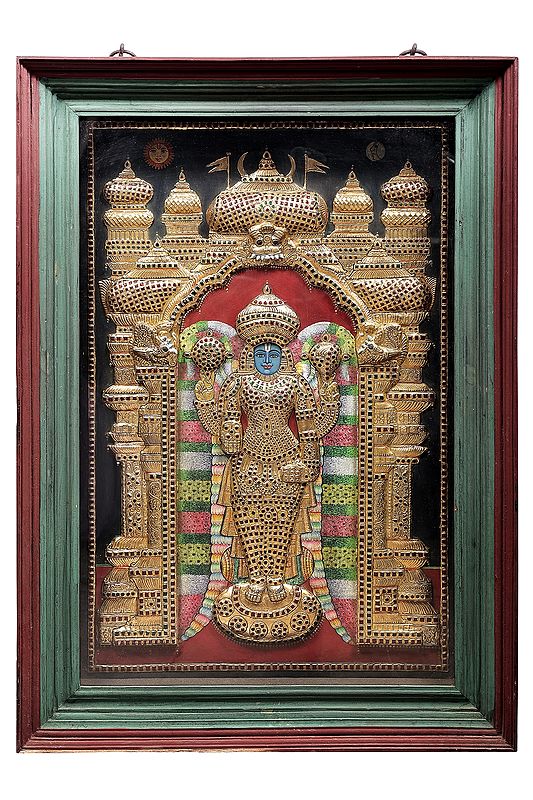 Standing Lord Vishnu Tanjore Painting | Traditional Colors With 24K Gold | Teakwood Frame | Gold & Wood | Handmade | Made In India
