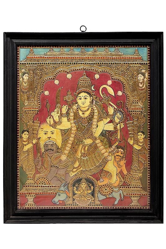 Mahishasura-Mardini Goddess Durga Tanjore Painting | Traditional Colors ...