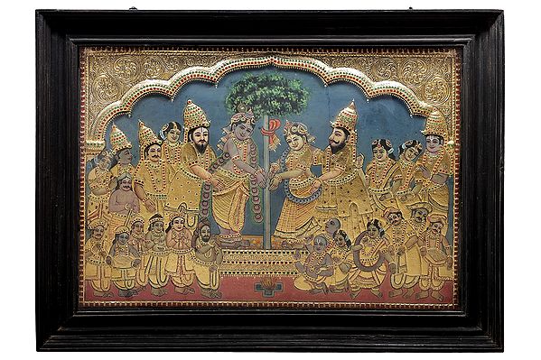 Rukmini Kalyanam | Marriage of Rukmini & Krishna | Tanjore Painting | Traditional Colors With 24K Gold | Teakwood Frame | Gold & Wood | Handmade | Made In India