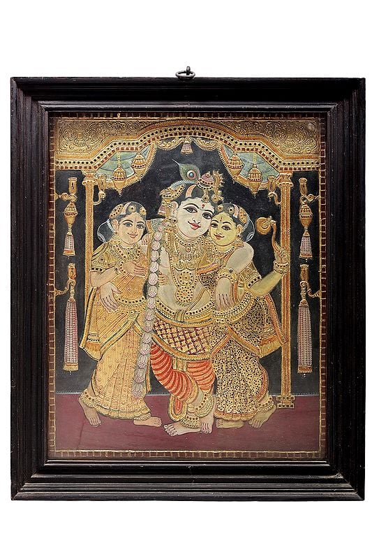 Lord Krishna With Rukmini And Satyabhama Tanjore Painting | Traditional Colors With 24K Gold | Teakwood Frame | Gold & Wood | Handmade | Made In India