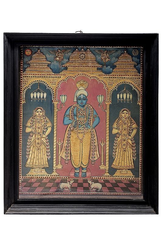 Lord Vitthal or Panduranga and Rukmini Tanjore Painting | Traditional Colors With 24K Gold | Teakwood Frame | Gold & Wood | Handmade | Made In India