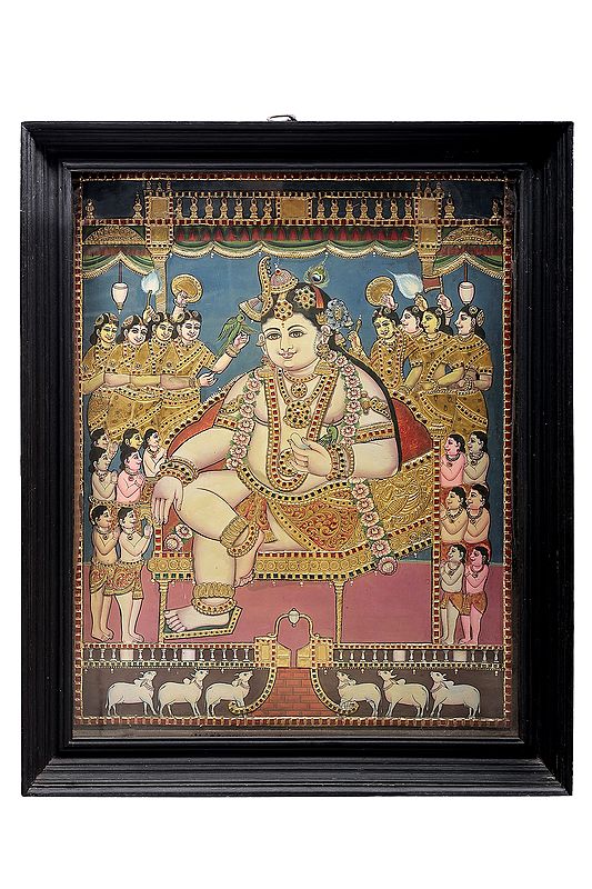 Lord Krishna Darbar Tanjore Painting | Traditional Colors With 24K Gold | Teakwood Frame | Gold & Wood | Handmade | Made In India