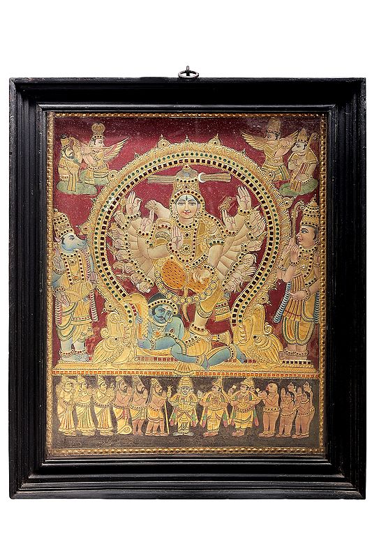 Urdhva Tandava Shiva | Nataraja in Dance Mudra Tanjore Painting | Traditional Colors With 24K Gold | Teakwood Frame | Gold & Wood | Handmade | Made In India