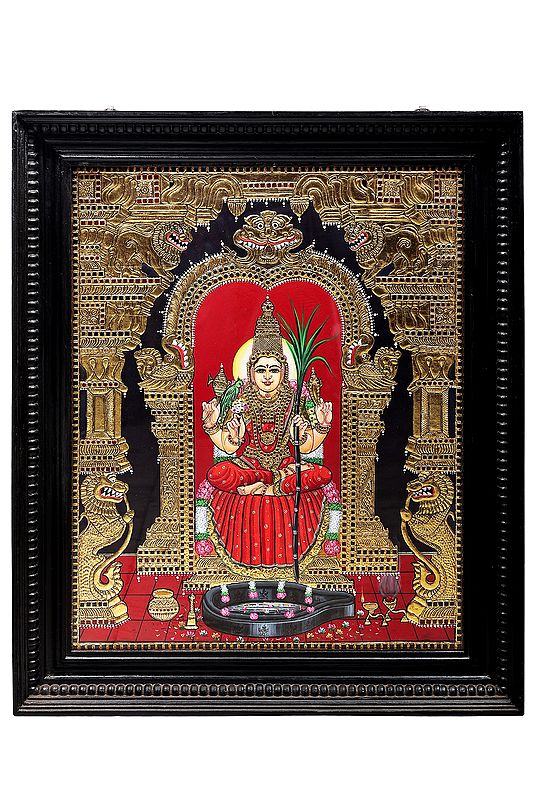 Goddess Lalita Tanjore Painting | Traditional Colors With 24K Gold | Teakwood Frame | Gold & Wood | Handmade | Made In India