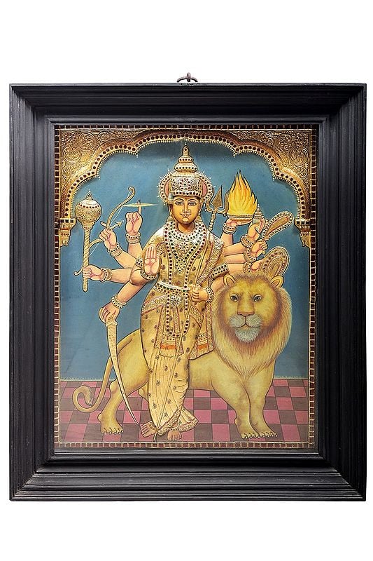 Goddess Durga Tanjore Painting | Traditional Colors With 24K Gold | Teakwood Frame | Gold & Wood | Handmade | Made In India