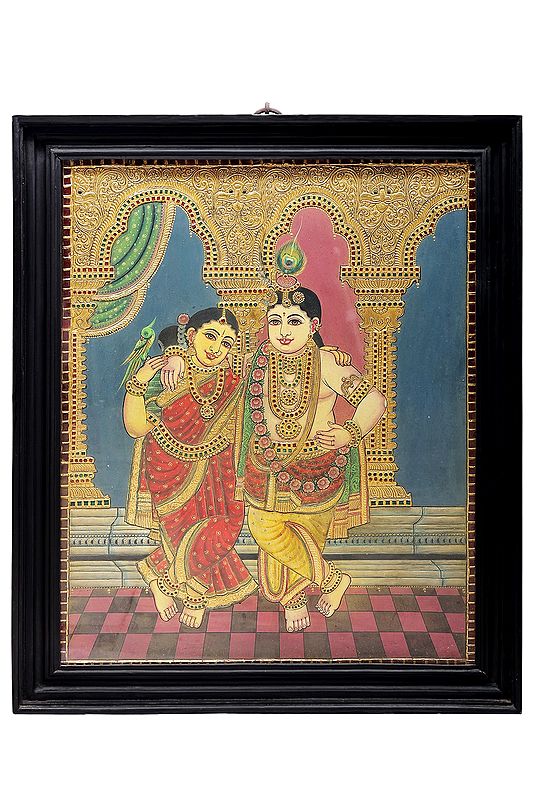 Lord Krishna and Radha Tanjore Painting | Traditional Colors With 24K Gold | Teakwood Frame | Gold & Wood | Handmade | Made In India