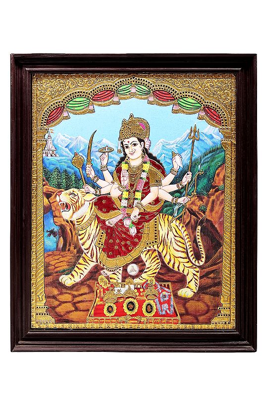 Ashtabhuja Goddess Durga Tanjore Painting | Traditional Colors With 24K Gold | Teakwood Frame | Gold & Wood | Handmade | Made In India