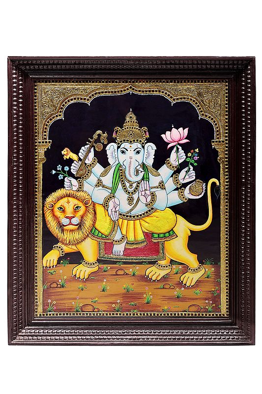 Ashtabhuja Lord Ganesha Seated on Lion Tanjore Painting | Traditional Colors With 24K Gold | Teakwood Frame | Gold & Wood | Handmade | Made In India