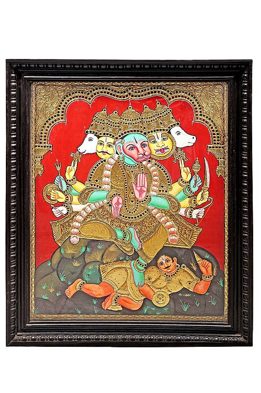 Ashtabhujadhari Pancamukha Hanuman Tanjore Painting | Traditional Colors With 24K Gold | Teakwood Frame | Gold & Wood | Handmade | Made In India