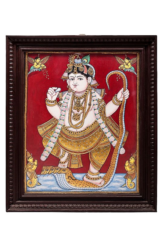 Lord Krishna and Kaliya Tanjore Painting | Traditional Colors With 24K Gold | Teakwood Frame | Gold & Wood | Handmade | Made In India