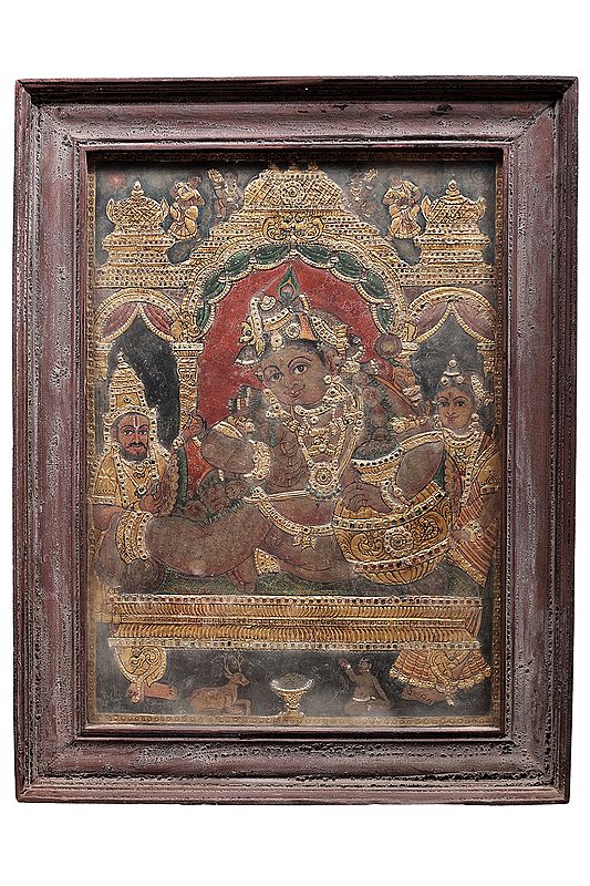 Butter Krishna Tanjore Painting | Traditional Colors With 24K Gold | Teakwood Frame | Gold & Wood | Handmade | Made In India
