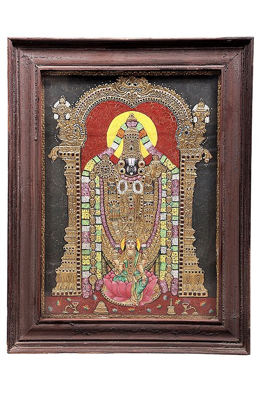 Lord Venkateshvara at Tirupati with Goddess Padmavati Tanjore Painting | Traditional Colors With 24K Gold | Teakwood Frame | Gold & Wood | Handmade | Made In India