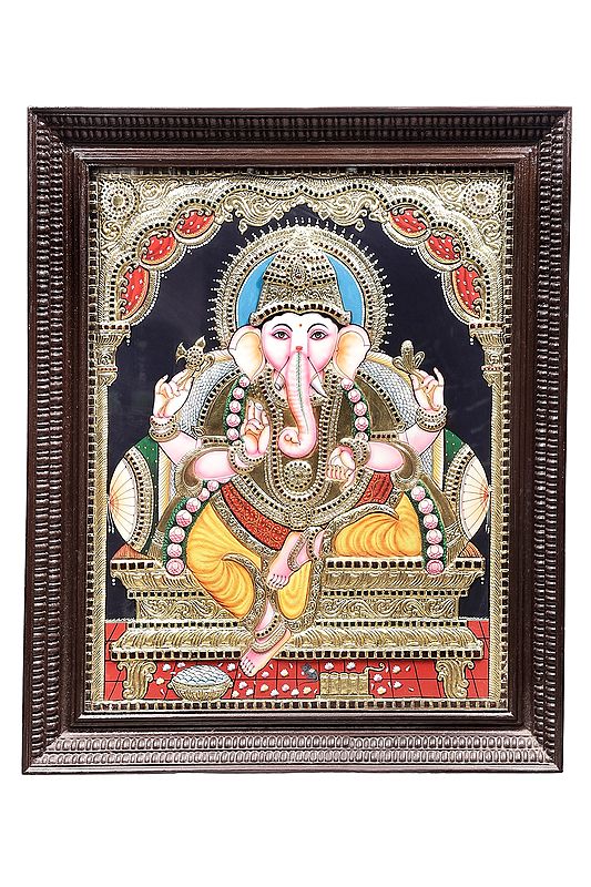 Bhagawan Ganesha Tanjore Painting | Traditional Colors With 24K Gold | Teakwood Frame | Gold & Wood | Handmade | Made In India