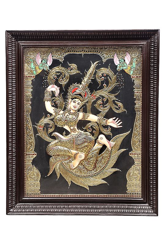 Goddess Sita In Thai Temple MuralIdiom Painting | Traditional Colors With 24K Gold | Teakwood Frame | Gold & Wood | Handmade | Made In India