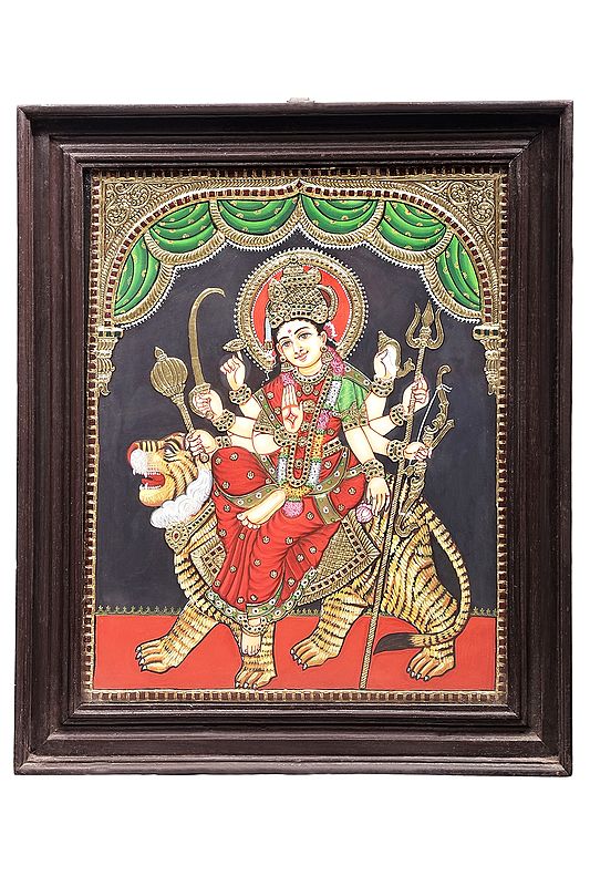 Ashtabhuja Goddess Durga Tanjore Painting | Traditional Colors With 24K Gold | Teakwood Frame | Handmade | Made in India