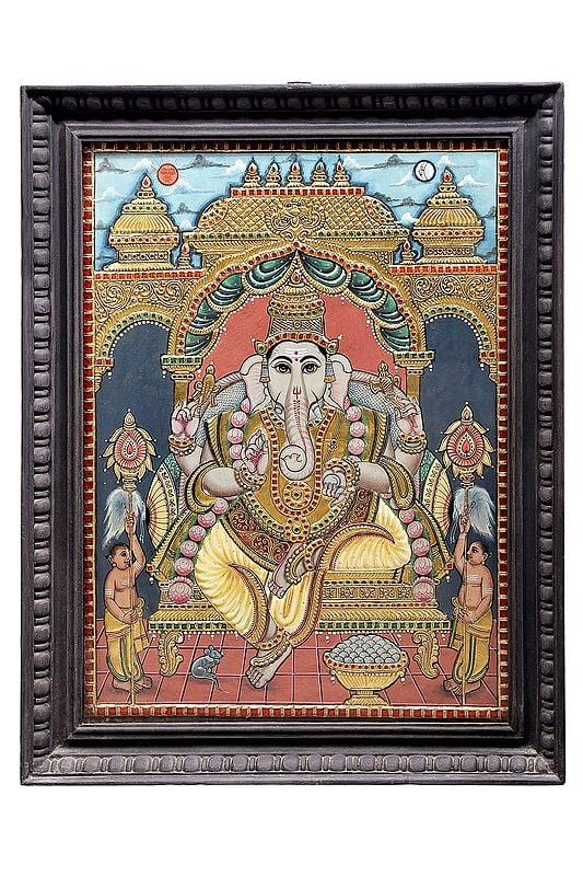 Seated  Lord Ganesha Tanjore Painting | Traditional Colors With 24K Gold | Teakwood Frame | Gold & Wood | Handmade | Made In India