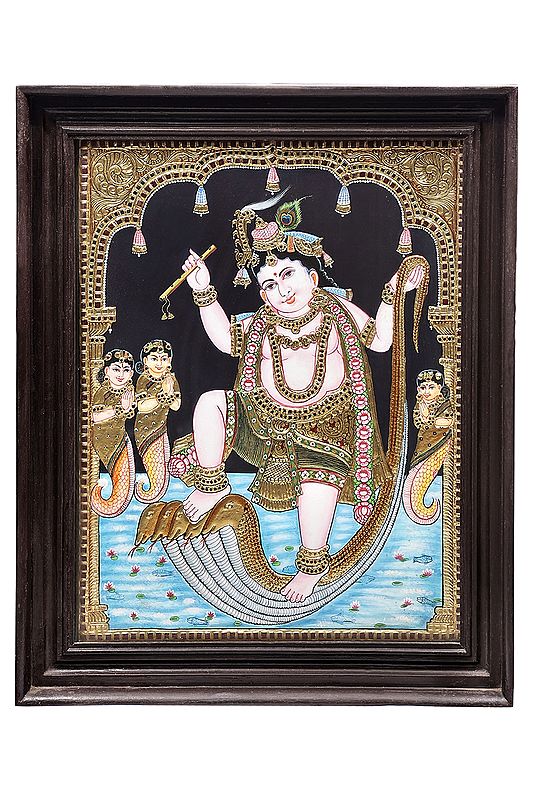 Lord Krishna dancing on Serpent Kaliya Tanjore Painting | Traditional Colors With 24K Gold | Teakwood Frame | Gold & Wood | Handmade | Made In India