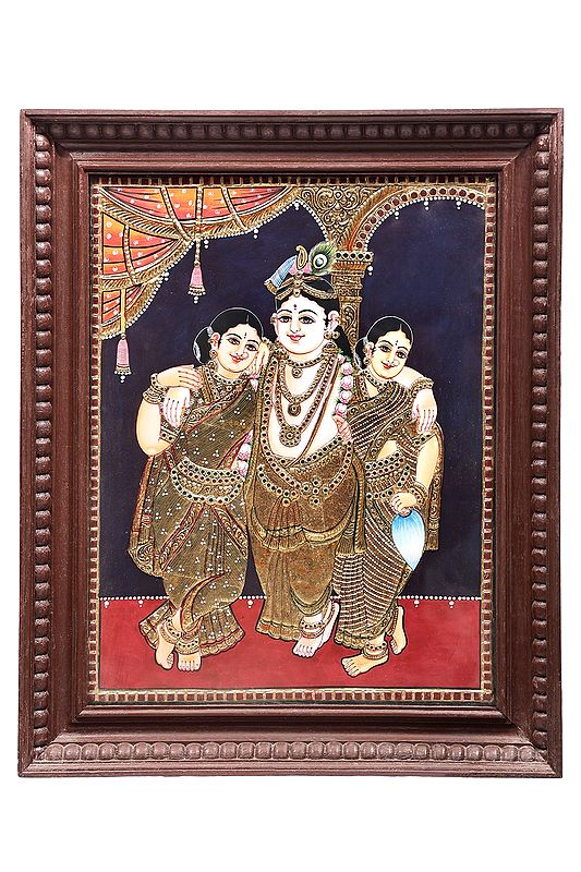 Lord Krishna With His Consorts Rukmini And Satyabhama Tanjore Painting | Traditional Colors With 24K Gold | Teakwood Frame | Gold & Wood | Handmade | Made In India