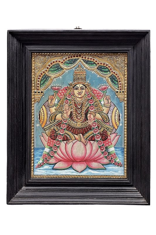 Goddess Dhana Lakshmi Seated on Lotus Tanjore Painting | Traditional Colors With 24K Gold | Teakwood Frame | Gold & Wood | Handmade | Made In India