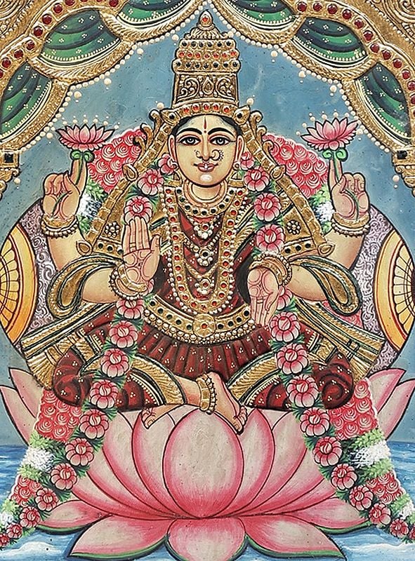 Goddess Dhana Lakshmi Seated on Lotus Tanjore Painting | Traditional ...