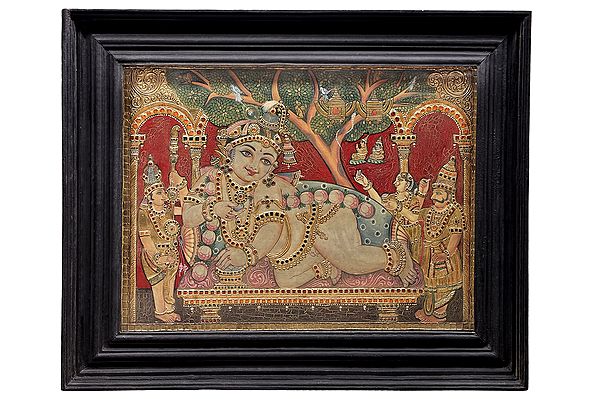 Navaneeta Krishna Tanjore Painting | Traditional Colors With 24K Gold | Teakwood Frame | Gold & Wood | Handmade | Made In India