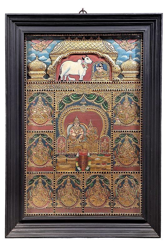 Kubera and Ashtalakshmi Tanjore Painting | Traditional Colors With 24K Gold | Teakwood Frame | Gold & Wood | Handmade | Made In India