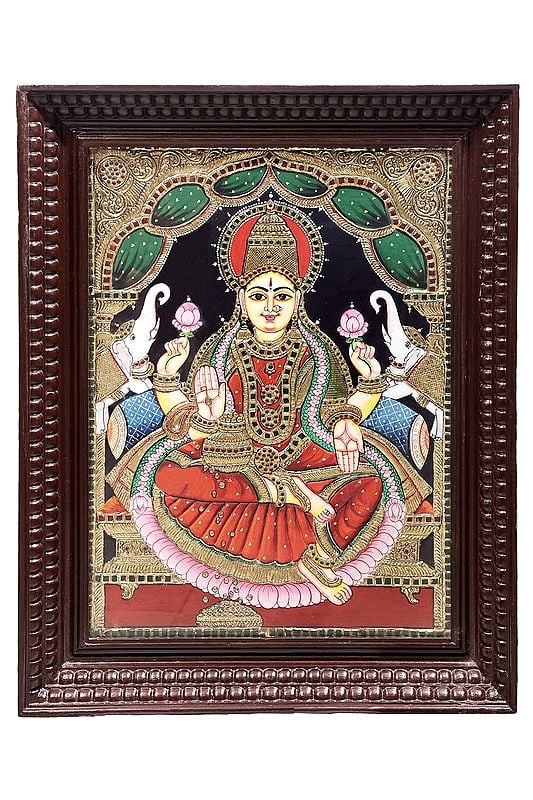 Padmasana Gajalakshmi Tanjore Painting | Traditional Colors With 24K Gold | Teakwood Frame | Gold & Wood | Handmade | Made In India