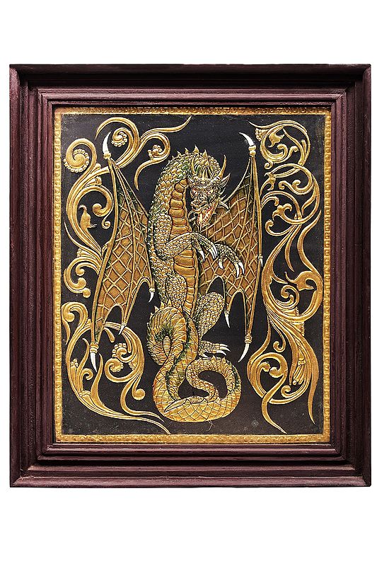 Tibetan Dragon Tanjore Painting | Traditional Colors With 24K Gold | Teakwood Frame | Gold & Wood | Handmade | Made In India