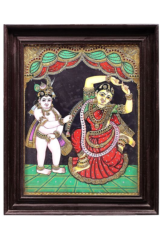Lord Krishna and Radha Tanjore Painting | Traditional Colors with 24K Gold | Teakwood Frame | Handmade | Made in India