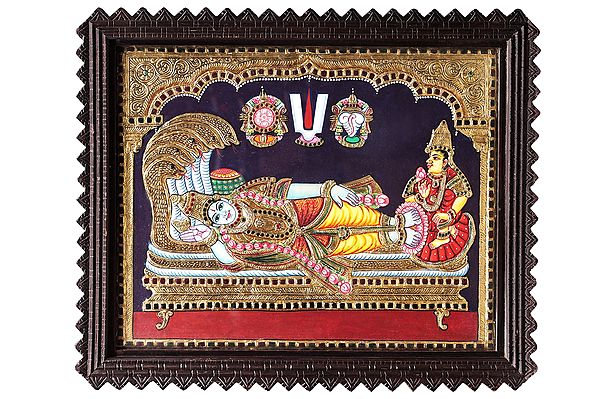 Lord Vishnu with Lakshmi on Sheshnag Tanjore Painting | Traditional Colors With 24K Gold | Teakwood Frame | Gold & Wood | Handmade | Made In India