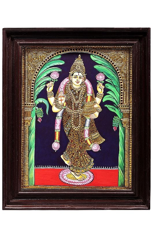 Standing Goddess Lakshmi Tanjore Painting | Traditional Colors With 24K Gold | Teakwood Frame | Gold & Wood | Handmade | Made In India
