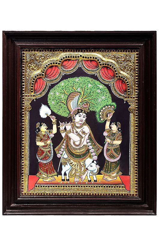 Fluting Krishna with His Beloved Cow Tanjore Painting | Traditional Colors With 24K Gold | Teakwood Frame | Gold & Wood | Handmade | Made In India
