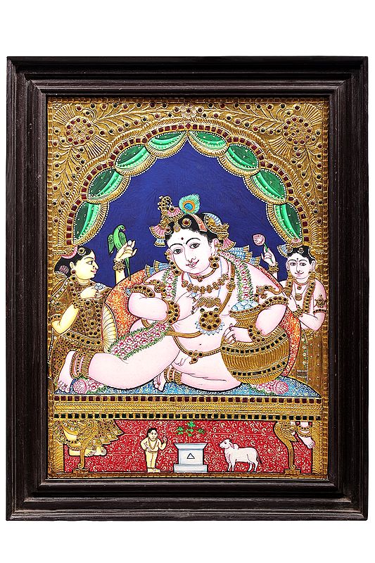 Navaneeta Krishna Tanjore Painting | Traditional Colors with 24K Gold | Teakwood Frame | Handmade | Made in India